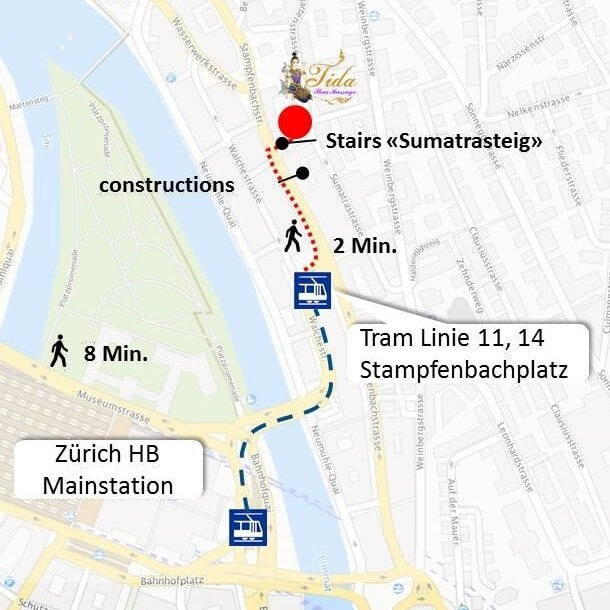 Directions map from main station Zurich to Practice at Sumatra street 25